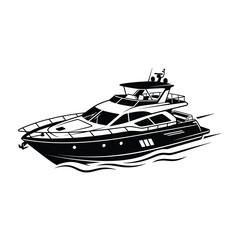 Luxury yacht sailing on calm waters, sleek design, black and white illustration © Pixovate