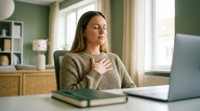 Young woman practicing mindfulness and deep breathing at her desk in a home office.