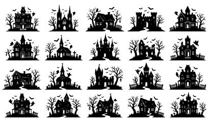 Obraz premium Spooky Halloween Haunted House Silhouette Icon Set Featuring Creepy Castles Goth Churches Spooky Mansions and Flying Bats for Autumn Holiday Vector Graphic Designs