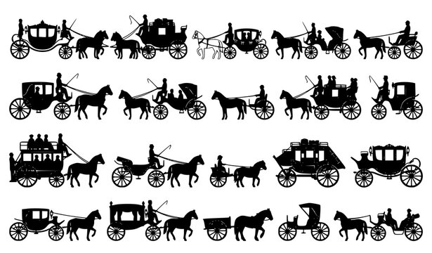 Historical Horse Drawn Carriage and Stagecoach Silhouette Icon Set Featuring Royal Chariots Vintage Wagons and Old Fashioned Transport Vehicles for Heritage Designs