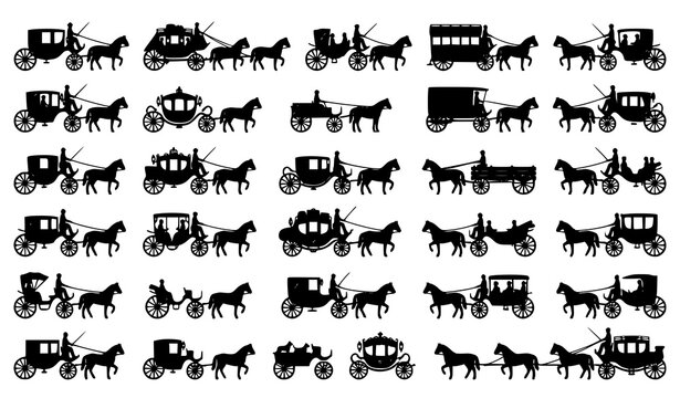 Vintage Horse Drawn Carriage and Stagecoach Silhouette Icon Set Featuring Royal Chariots Wagons and Historical Transportation Vehicles for Heritage Graphic Designs