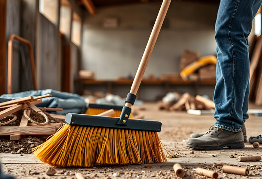Person sweeping a dusty construction site floor with a broom, cleaning and renovation concept, close up of work in progress