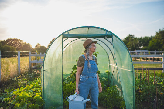 Woman watering plants in greenhouse garden during sunny afternoon.