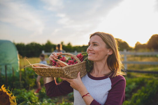 Farmer carrying basket with homegrown vegetables outdoors at community farm.
