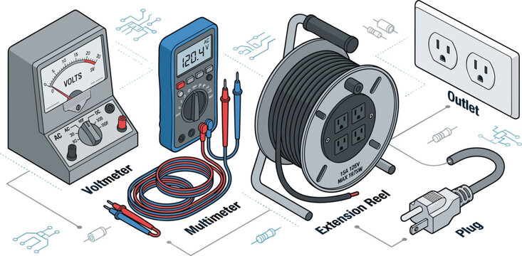 Isometric Electrical Diagnostic Testing Equipment and Power Supplies Set with Analog Voltmeter Digital Multimeter Extension Reel Cable Wall Outlet and Grounded Plug