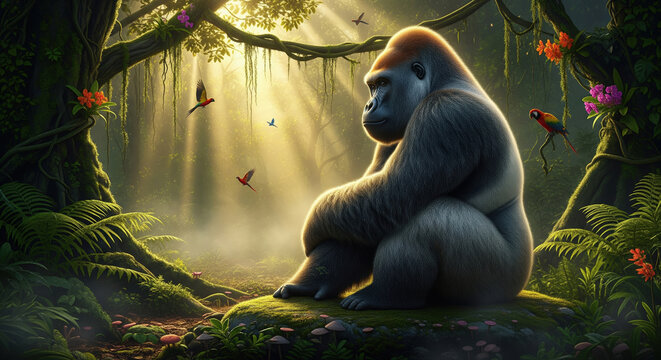 Gorilla sitting in sunlit tropical jungle with colorful parrot and glowing mushroom. Concept of fantasy rainforest.