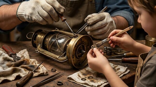 Adult and child repairing vintage brass lantern.