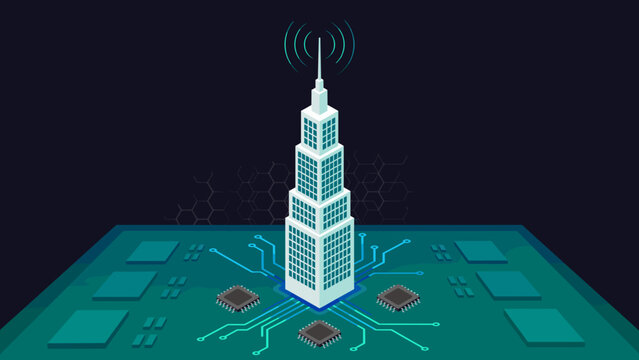 Corporate tower emerging from circuit board base &ndash; Suitable for computer technology, digital foundations, or IT business.