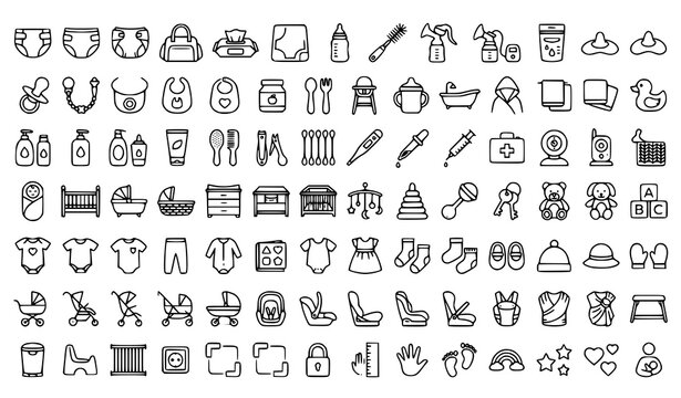 Newborn Baby Care Line Icons Nursery Essentials Vector Set