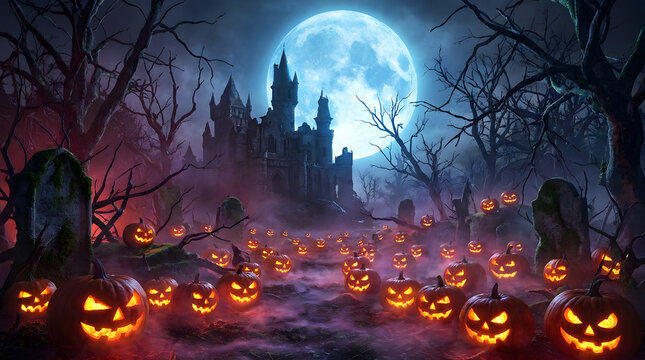Spooky halloween night landscape featuring glowing jack o lanterns in a misty graveyard with a haunted castle background