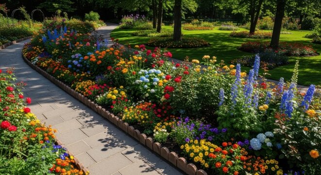 Vibrant Flower Garden Pathway With Lush Greenery And Trees