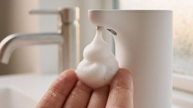Automatic sensor soap dispenser releasing foam into hand in bathroom with dispenser