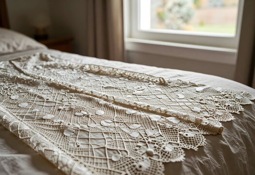 Handmade vintage lace bed runner with intricate patterns and delicate texture on a neutral bedspread in a bedroom, Soft natural light from a nearby window illuminates the detailed fabric