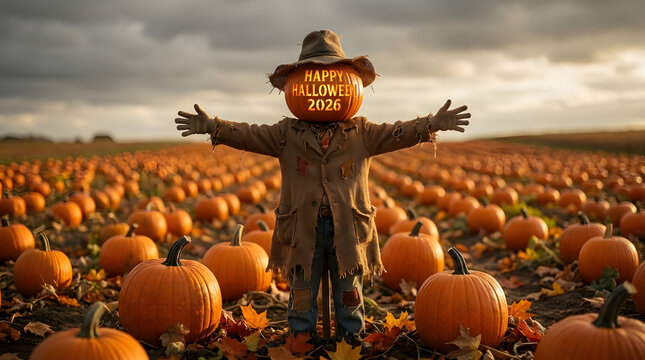 A spooky scarecrow with a carved pumpkin head standing in a vast field of orange pumpkins at sunset