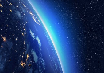 Earth view from space at night. Glowing city lights on planet horizon with starry sky. © Hary-StockHub