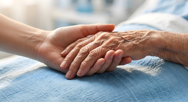 Nurse holds elderly patient's hand in hospital bed showing care compassion and empathy during difficult illness and end of life support.