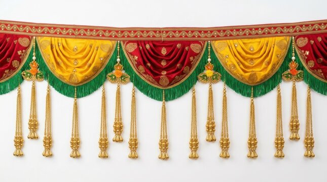 Traditional Indian door hanging toran. Decorative festive valance with gold tassels and fabric.