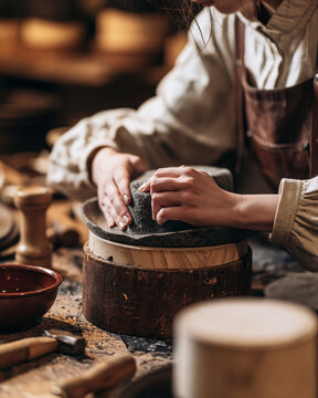 Pottery artisan shaping clay on a pottery wheel in a rustic workshop with tools and earth tone textures