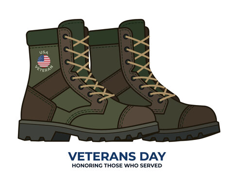 Military Combat Boots with American Flag Patch for Veterans Day.