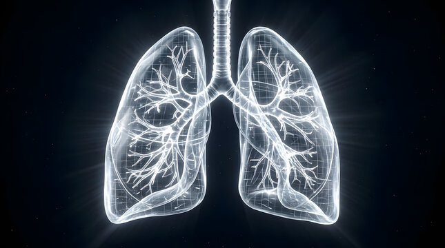 Glowing bronchial structure of human lungs on black background.
