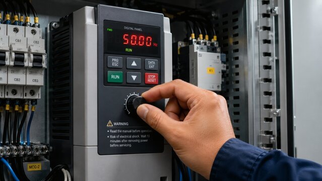 Electrician Hand Adjusting Knob on Variable Frequency Drive Panel