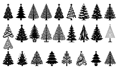 Obraz premium Christmas Tree Silhouette Vector Icon Set Featuring Decorative Ornate Holiday Pines Firs and Abstract Winter Evergreens for Festive Celebration Graphic Designs