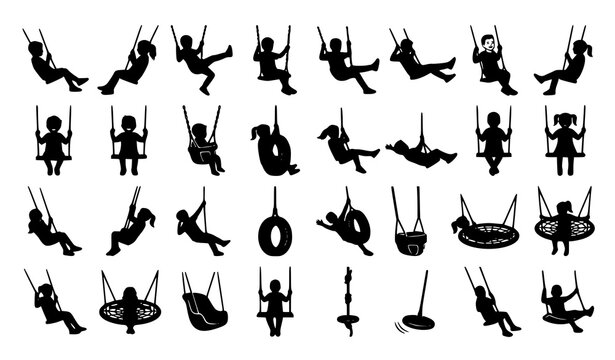Children Playing on Swings Silhouette Vector Set Featuring Little Kids and Toddlers Having Fun on Tire Swings Hammocks and Playground Park Playsets