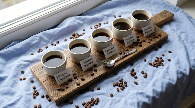 Coffee tasting flight with different bean varieties.