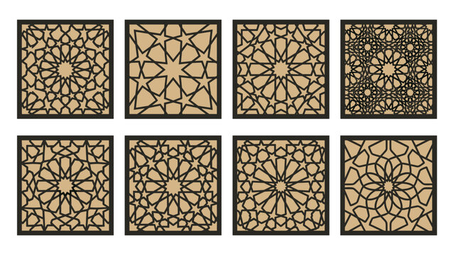 Arabic star geometric laser cut pattern square panel stencil vector illustration for cnc woodworking