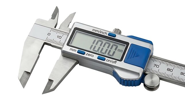 Digital caliper measuring ten millimeters on white background.