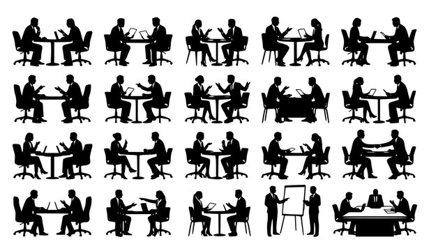 Corporate Business Meeting Silhouette Vector Set with Businessmen and Businesswomen Discussing Interviewing and Collaborating at Office Desks and Conference Tables