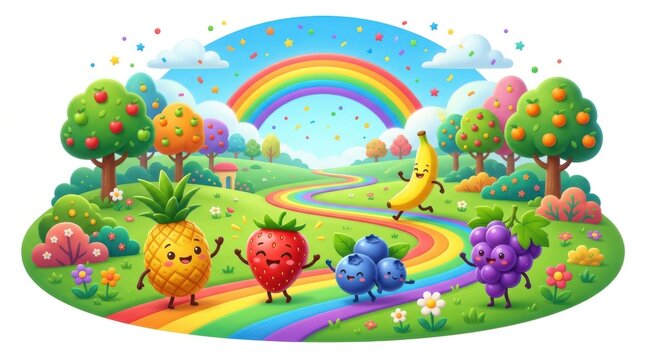 Cute cartoon fruits in a magical landscape. Happy fruit characters on a rainbow path.