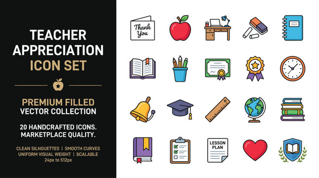 Teacher Appreciation Filled Icon Set &mdash; Education and School Icons Pack for Teachers and Students