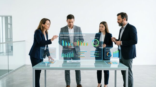 Business team analyzing digital data on glass screen. Professionals reviewing corporate charts.