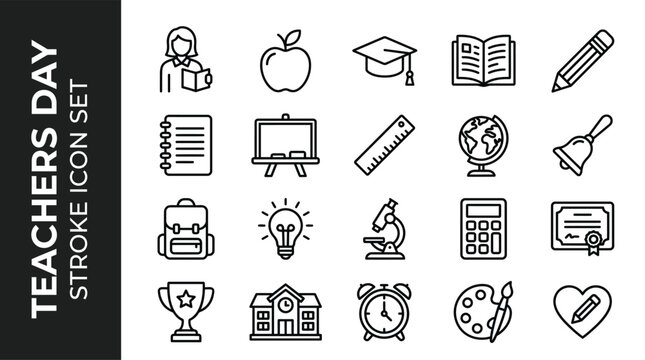 Teachers Day Stroke Icon Set: Education And School Symbol Collection For Teaching