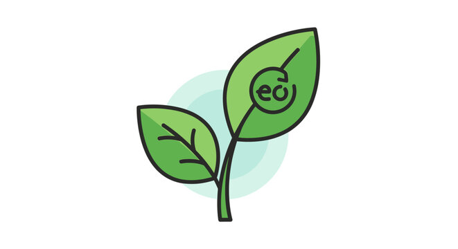 A simple, clean illustration of two green leaves sprouting from a stem, with a circular emblem on one leaf.