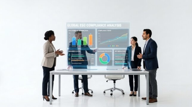 Business team analyzing data on digital screen. Professionals reviewing financial charts.