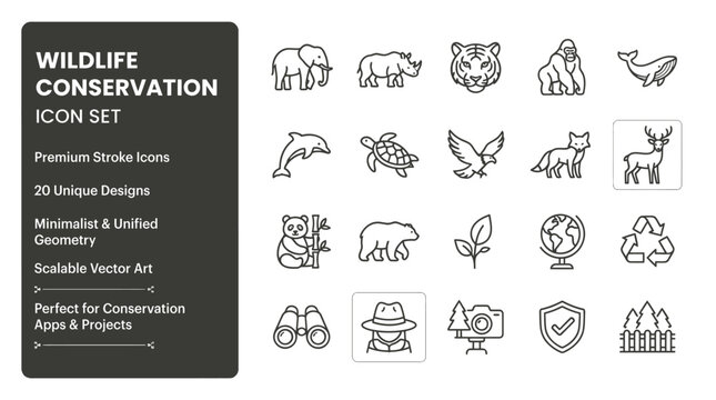 Wildlife Conservation Stroke Icon Set &mdash; 20 Unique Outline Animal Icons In Circular Badges