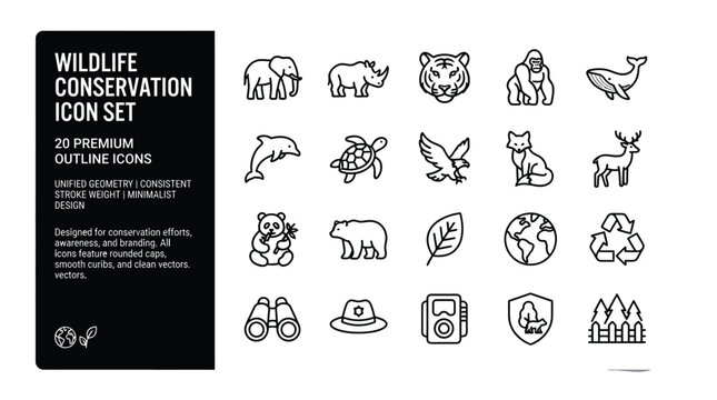 Wildlife Conservation Stroke Icon Set &mdash; 20 Unique Outline Animal Icons In Circular Badges