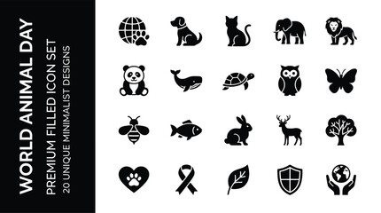 Fototapeta premium World Animal Day Line Icon Set — Pet and Wildlife Filled Icons for Conservation and Adoption