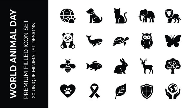 World Animal Day Line Icon Set &mdash; Pet and Wildlife Filled Icons for Conservation and Adoption