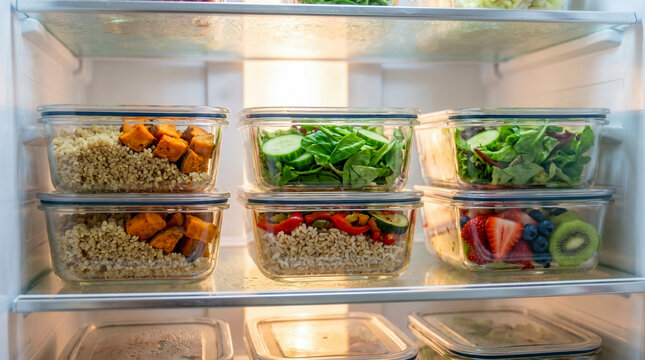 Glass containers filled with healthy meal prep food inside a home refrigerator.