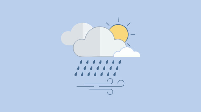 Flat design illustration of rain, sun, clouds, and wind, depicting changing weather