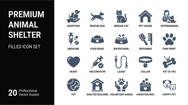 Premium Animal Shelter Icon Set &mdash; Pet Adoption, Rescue, Care and Volunteer Symbols