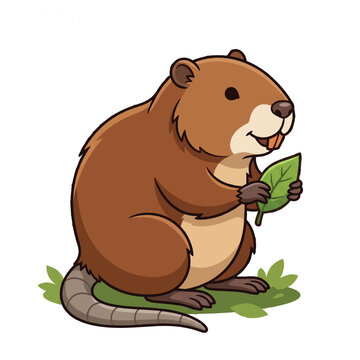 Cute cartoon nutria rodent holding and eating a green leaf isolated on a white background