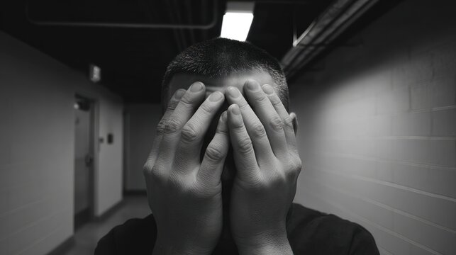 Man covering face in black and white perspective of interior corridor