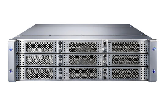 Front view of a silver rack mount server chassis with three ventilation grilles and metallic casing isolated on a dark background, for technology isolated on a transparent background