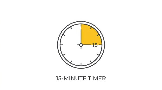 15 minute timer icon. Clock graphic showing a quarter hour duration.