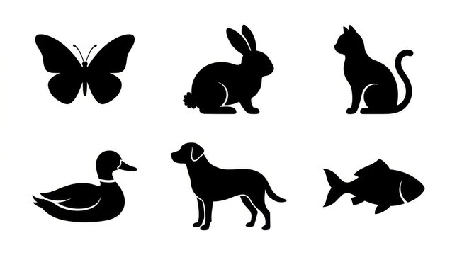 Set of animal silhouettes. Collection of black pet and wildlife icons on white background.