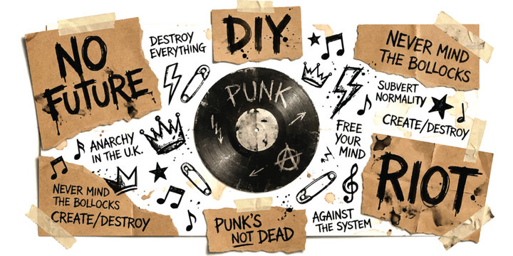 Punk music vinyl record with collage of diy protest signs and rebel slogans